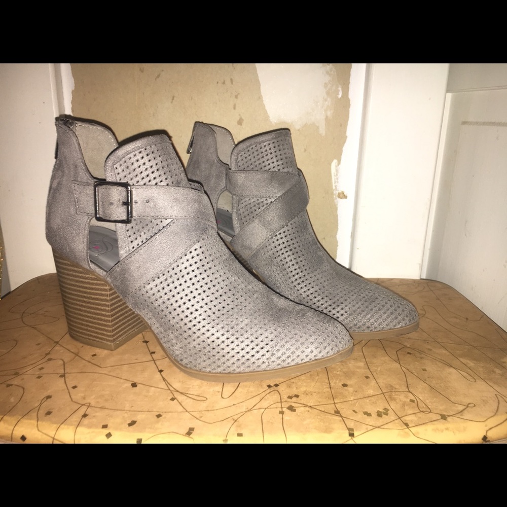 Gray heeled booties